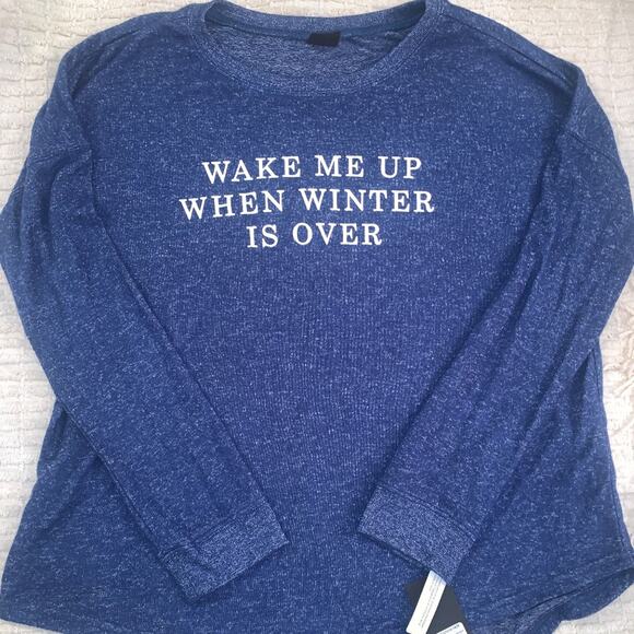 NWT OVERSIZED DENIM BLUE JUMPER SWEATSHIRT "WAKE ME UP WHEN WINTER IS OVER" M - Picture 1 of 10